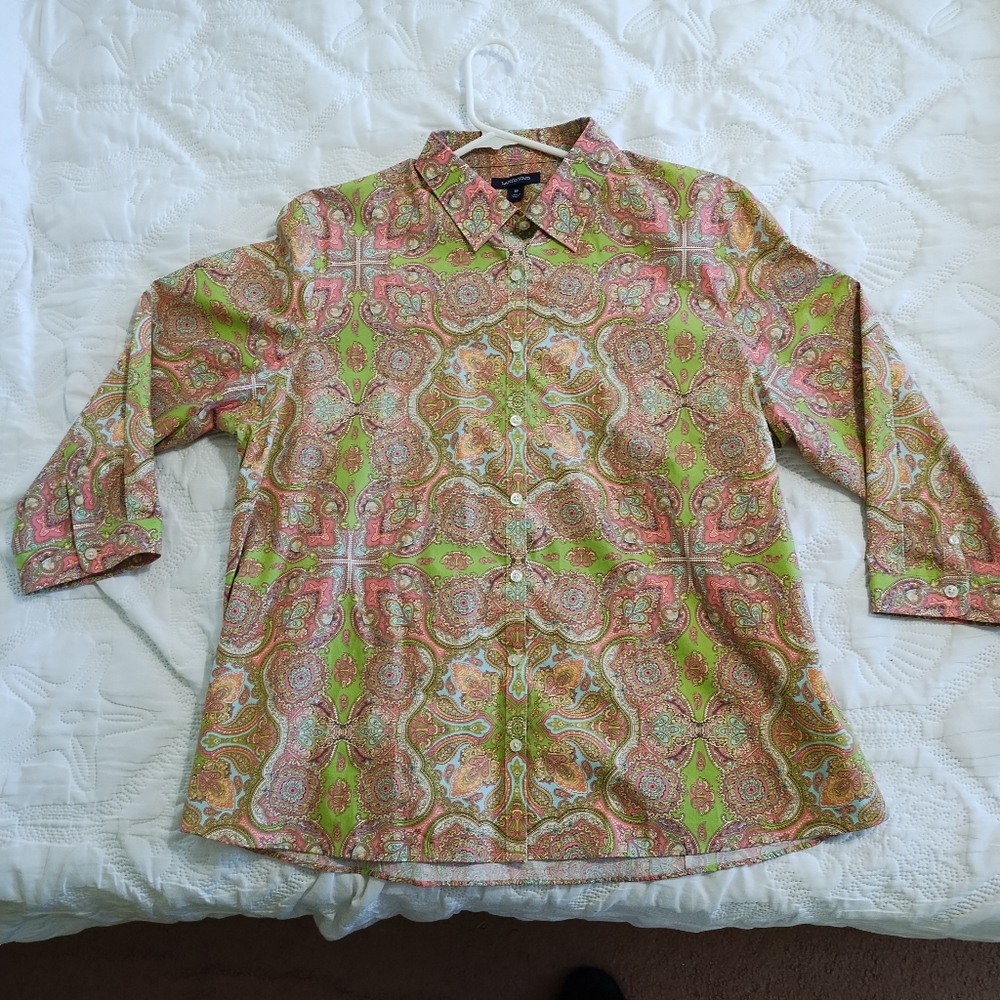 Lands End Paisley 3/4 Sleeve Button Up Shirt Size 18
